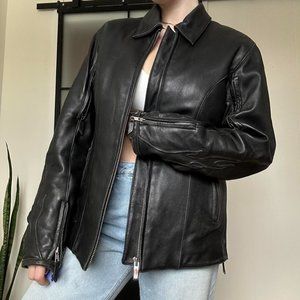 Genuine Leather Motorcycle Jacket with Flame Sleeves